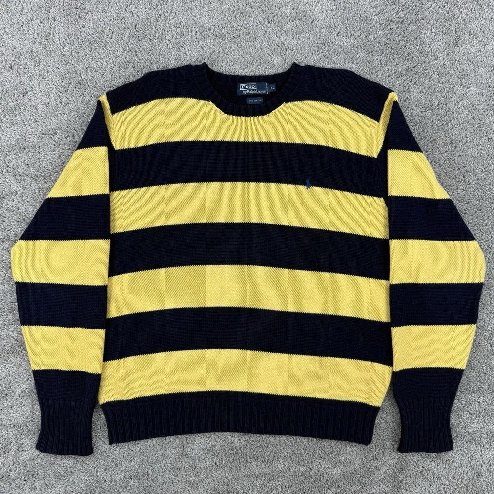 Polo Ralph Lauren Sweater Mens XL Navy/Yellow Striped VTG 90s Fisherman Nautical